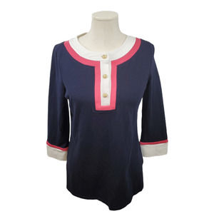 TALBOTS Nautical Navy Blue White and Pink Color block Shirt Women's Size Small
